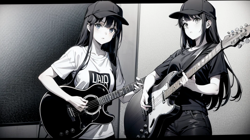 (((grayscale)))(masterpiece:1.2, Highest quality), (Graffiti wall:1.15), One woman, Beanie, Jacket, leggings, blue eyes, whole body,masterpiece, Highest quality, Highly detailed CG, (Intricate details:1.2), 8k wallpaper, One girl, alone , gray , guitar, (holding guitar:1.2), sing, Are standing, Stage lighting, (Mike stand:1.2),a young woman with an electric guitar, black shorts, blue eyes, alone, shirt, Black Hair, Baseball cap, white shirt, View your viewers, 長いBlack Hair, Short sleeve, Long Hair