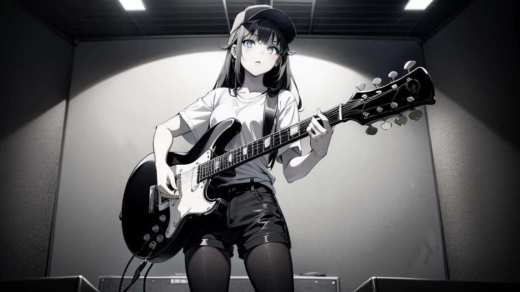 (((grayscale)))(masterpiece:1.2, Highest quality), (Graffiti wall:1.15), One woman, Beanie, Jacket, leggings, blue eyes, whole body,masterpiece, Highest quality, Highly detailed CG, (Intricate details:1.2), 8k wallpaper, One girl, alone , gray , guitar, (holding guitar:1.2), sing, Are standing, Stage lighting, (Mike stand:1.2),a young woman with an electric guitar, black shorts, blue eyes, alone, shirt, Black Hair, Baseball cap, white shirt, View your viewers, 長いBlack Hair, Short sleeve, Long Hair