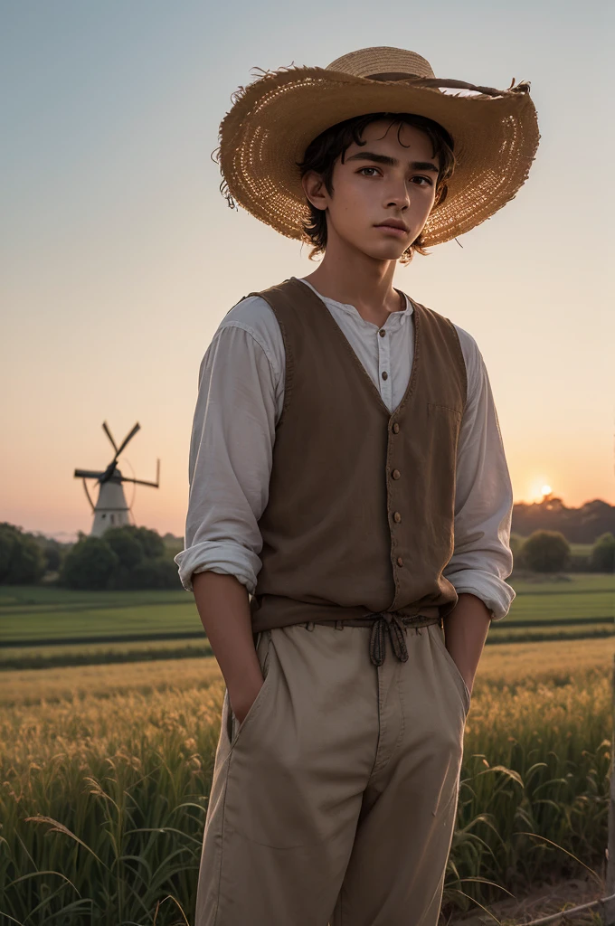 ((best quality)), ((masterpiece)), (detailed), perfect face: In the photo, we would see a young 17 year old farmer, called Alonso, in an open field at dusk. He is standing, with a confident posture and a determined look on his face. Alonso has light brown hair, somewhat rebellious, and wears a worn-out straw hat with a colorful feather stuck in the brim. Her clothes are simple and rustic, typical of a peasant, but he uses them with a certain air of improvised nobility.
Ao fundo, we can see a distant windmill, giving a subtle touch to the Don Quixote reference. The sky is dyed in warm orange and pink tones from the sunset, creating a serene and bucolic environment around the young farmer.