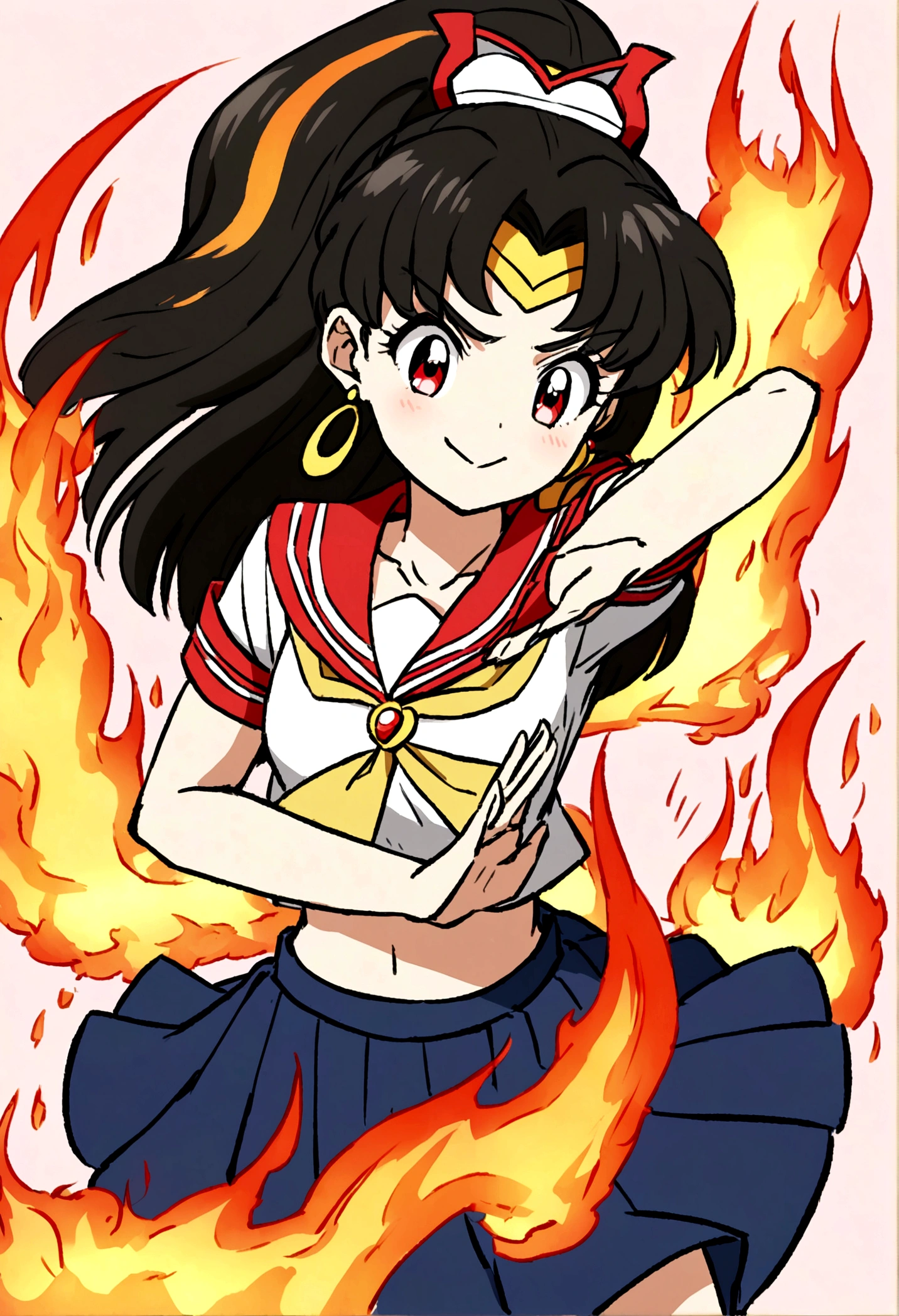 anime「Sailor Moon」Sailor Mars, The red eyes shine intensely, In flames, Long black hair,While changing into a sailor uniform, Flames swirl, Striking a pose,Her hair is also swaying and moving.,Cute expression