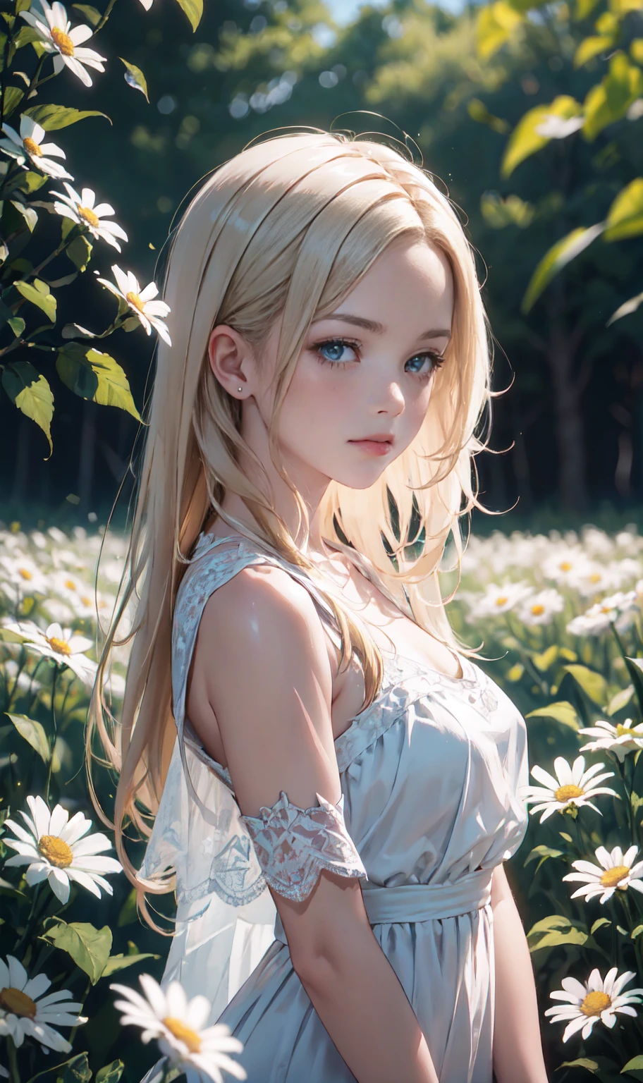 1 girl in a field of flowers, white flower, looking at the viewer, blue eyes, blonde hair, daisy, long hair, pure white dress, best quality, 4k, 8k, highres, masterpiece:1.2, ultra-detailed, realistic, photorealistic, photo-realistic:1.37, HDR, UHD, studio lighting, ultra-fine painting, sharp focus, physically-based rendering, extreme detail description, professional, vivid colors, bokeh, portrait, fantasy, cinematic lighting, natural lighting, soft focus, ethereal, serene, tranquil, dreamy