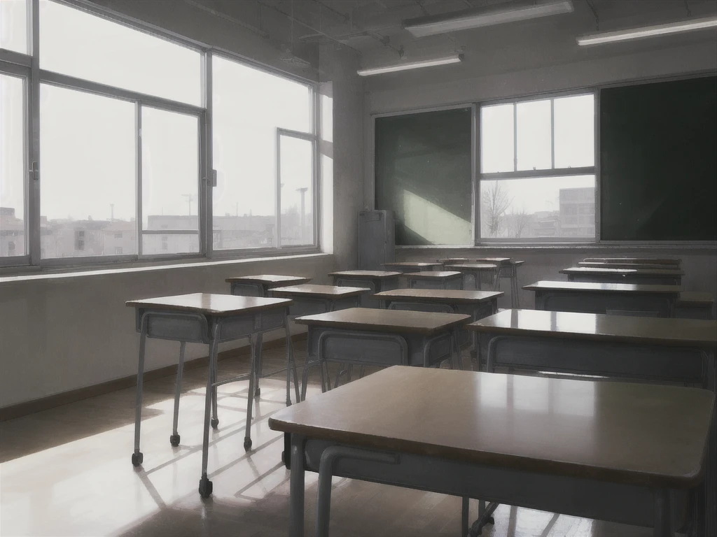 School, classroom, grey, light, windows, table,