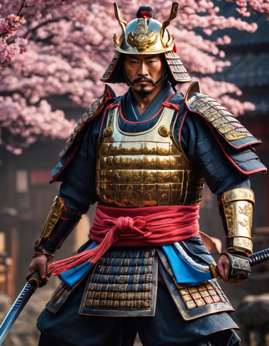 (best quality, 4k, 8k, high resolution, masterpiece: 1.2), ultra-detailed, (realistic, photorealistic, photorealistic: 1.37), a samurai, traditional armor, ultra-fine painting, HDR, UHD, studio lighting, physics-based Rendered, professional, vivid colors, long katana, shiny metallic armor, cloth robe with intricate patterns, cherry blossom background, sharp focus, polished helmet, decorative insignia, stoic and fierce expression, powerful stance, rippling muscles and defined physique, stylized hair, Artistic representation, dramatic lighting, color grading to enhance the traditional feel, authentic samurai footwear.