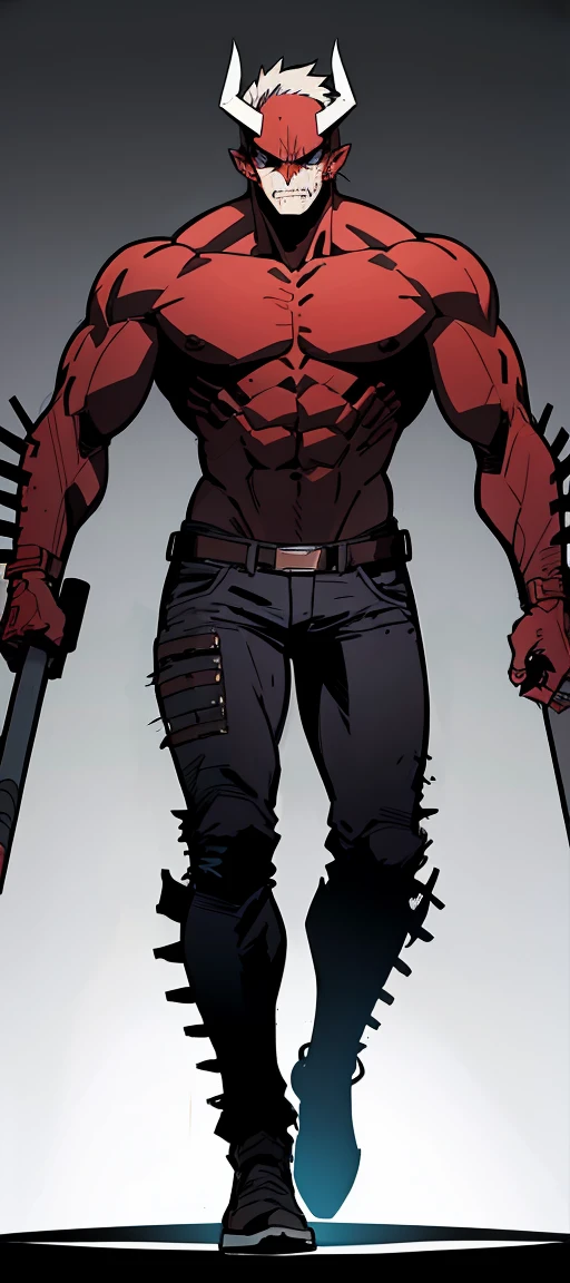 A demon from the anime Chainsaw Man, It has a hybrid hammer head, Warhammer Head, he has a gray muscular body, wearing no shirt, fully body, black hands, and look fierce, Human lips, bonitas, handsome, simple background.