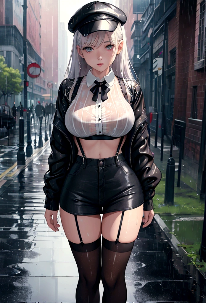 rainy day, on the street of the day. Beautiful woman walking, wet clothes, (showing through white shirts:1.1), Short skirt, black thigh high stockings with garters. full body shot, , perfect ass, Pretty girl) street full of people, wearing black t-shirt, jeans jacket, (( super short shorts)), (extremely detailed CG 8k wallpaper), (an extremely delicate and beautiful), standing in a park, rainy day, photorealistic, Masterpiece, neckline, tits, panties, tight panties, stockings with suspenders, cap, sports bra, neckline