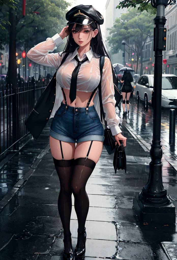 rainy day, on the street of the day. Beautiful woman walking, wet clothes, (showing through white shirts:1.1), Short skirt, black thigh high stockings with garters. full body shot, , perfect ass, Pretty girl) street full of people, wearing black t-shirt, jeans jacket, (( super short shorts)), (extremely detailed CG 8k wallpaper), (an extremely delicate and beautiful),  standing in a park, rainy day, photorealistic, Masterpiece, neckline, tits, panties, tight panties, stockings with suspenders, cap, sports bra, neckline
