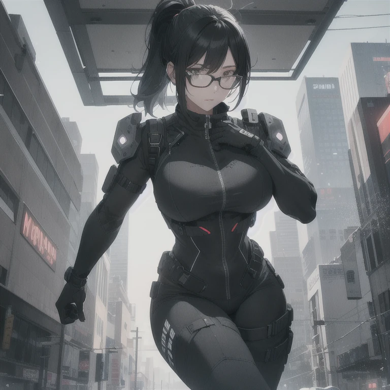 Absurd resolution, high resolution, (masterpiece: 1.4), hyper-detail, full body shot, solo, 1 kemono feline cat woman, humanoid, no skin other than neck and head shown, black hair, glasses, messy ponytail, cute face, detailed soft grey eyes, huge massive hyper super swollen heavy breasts that cover her whole torso and are bigger than her head while being so big they reach her belly button, extremely super large swollen perky heavy bust, wide full hips, narrower torso and shoulders, smaller torso, full thicc big soft thighs, big rounded full soft butt, ruggedized utility styled outfit, full body outfit coverage with no skin showing or revealed, scifi monochrome black and grey fullbody covering protective padding rugged loose-fitted pilot utility plugsuit with white chest, padding on hips and thighs and abdomen, practical/functional clothing, weather-proof durable clothing material, nylon clothing material, custom made clothing to fit and support large breasts, scifi padded rugged rigid high collar techwear jacket, white and black triangular decals and techwear iconography on apparel and clothing, techwear gloves, arm mounted strapped display scifi tablet/communication device/computer, rugged tablet display mounted on MOLLE strap on top of her bust, ruggedized computer tablet mounted above her breasts, screen display mounted on top of her chest, ruggedized tech, ruggedized tech aesthetic, fitted utility pants, utility chaps, near future scifi, cyberpunk aesthetic, anime aesthetic