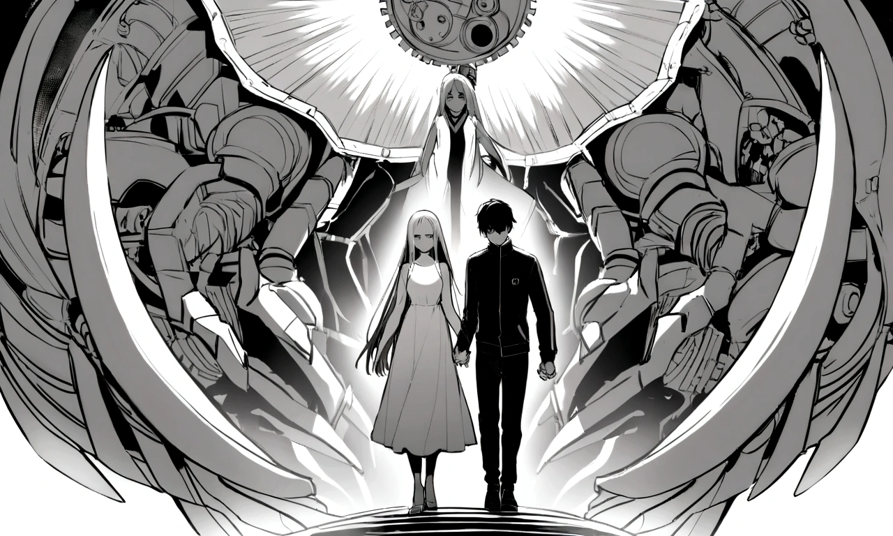 black and white drawing, Clockwork background with giant claws, 26-year-old male on the left 1, black neat hair, a lonely face, wearing gray tracksuit, Beautiful woman on the right 1, white long straight hair, white hair, wearing a white dress, walk affectionately, walk holding hands, A huge mechanical tong following the two people.