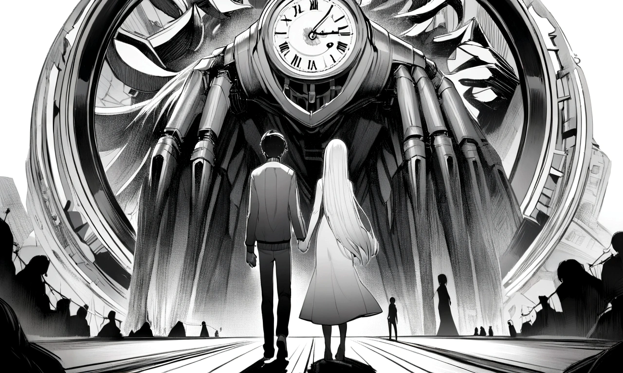 black and white drawing, Clockwork background with giant claws, 26-year-old male on the left 1, black neat hair, a lonely face, wearing gray tracksuit, Beautiful woman on the right 1, white long straight hair, white hair, wearing a white dress, walk affectionately, walk holding hands, A huge mechanical tong following the two people.