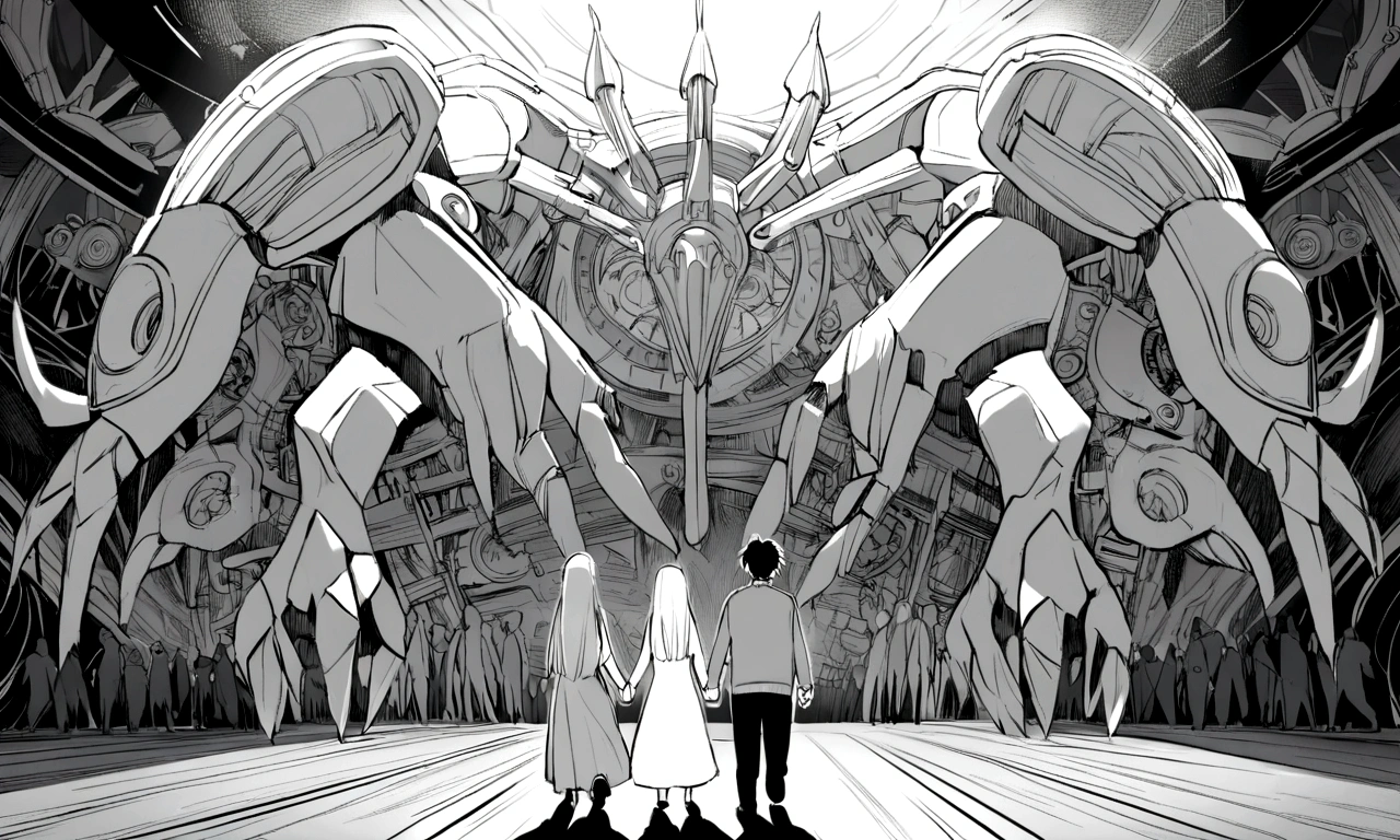 black and white drawing, Clockwork background with giant claws, 26-year-old male on the left 1, black neat hair, a lonely face, wearing gray tracksuit, Beautiful woman on the right 1, white long straight hair, white hair, wearing a white dress, walk affectionately, walk holding hands, A huge mechanical tong following the two people.