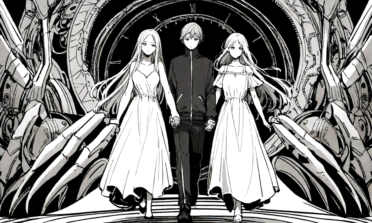 black and white drawing, Clockwork background with giant claws, 26-year-old male on the left 1, black neat hair, a lonely face, wearing gray tracksuit, Beautiful woman on the right 1, white long straight hair, white hair, wearing a white dress, walk affectionately, walk holding hands, A huge mechanical tong following the two people.