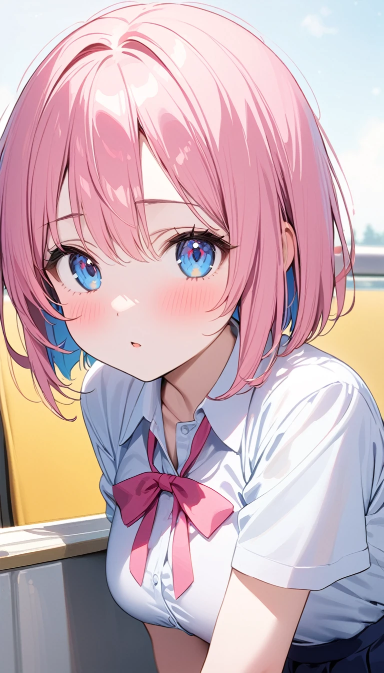 (1 girl),(Best Picture Quality, 8K, Masterpiece:1.3), (high school student:1.5), (pink lob hair:1.1), [skyblue hair:0.1], (bob cut), (cute eyes, pupil black, iris skyblue, youthful face), ((school uniform, white short simple sleeve shirt, darkblue skirt, pink ribbon)), (super clear:1.5), (glistening skin:1.1),(pale skin:1.2), (standard weight), (medium breasts), (close up face).