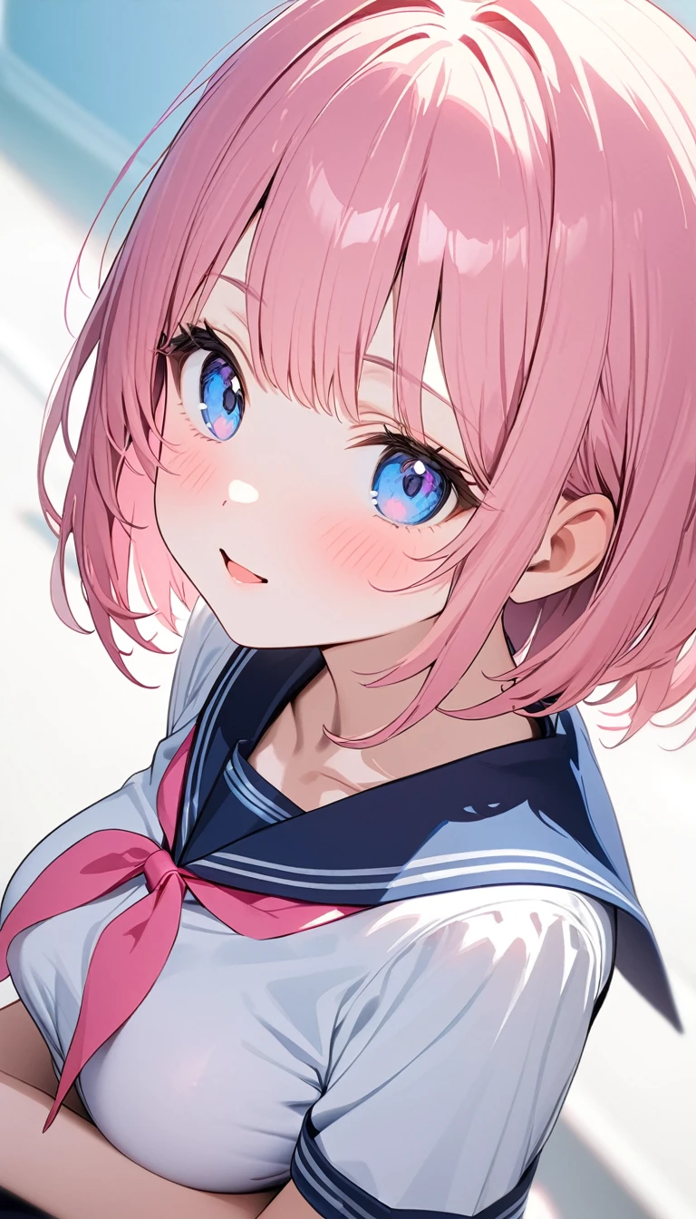 (1 girl),(Best Picture Quality, 8K, Masterpiece:1.3), (high school student:1.5), (pink lob hair:1.1), [skyblue hair:0.1], (bob cut), (cute eyes, pupil black, iris skyblue, youthful face), ((school uniform, white short simple sleeve shirt, darkblue skirt, pink ribbon)), (super clear:1.5), (glistening skin:1.1),(pale skin:1.2), (standard weight), (medium breasts), (close up face).