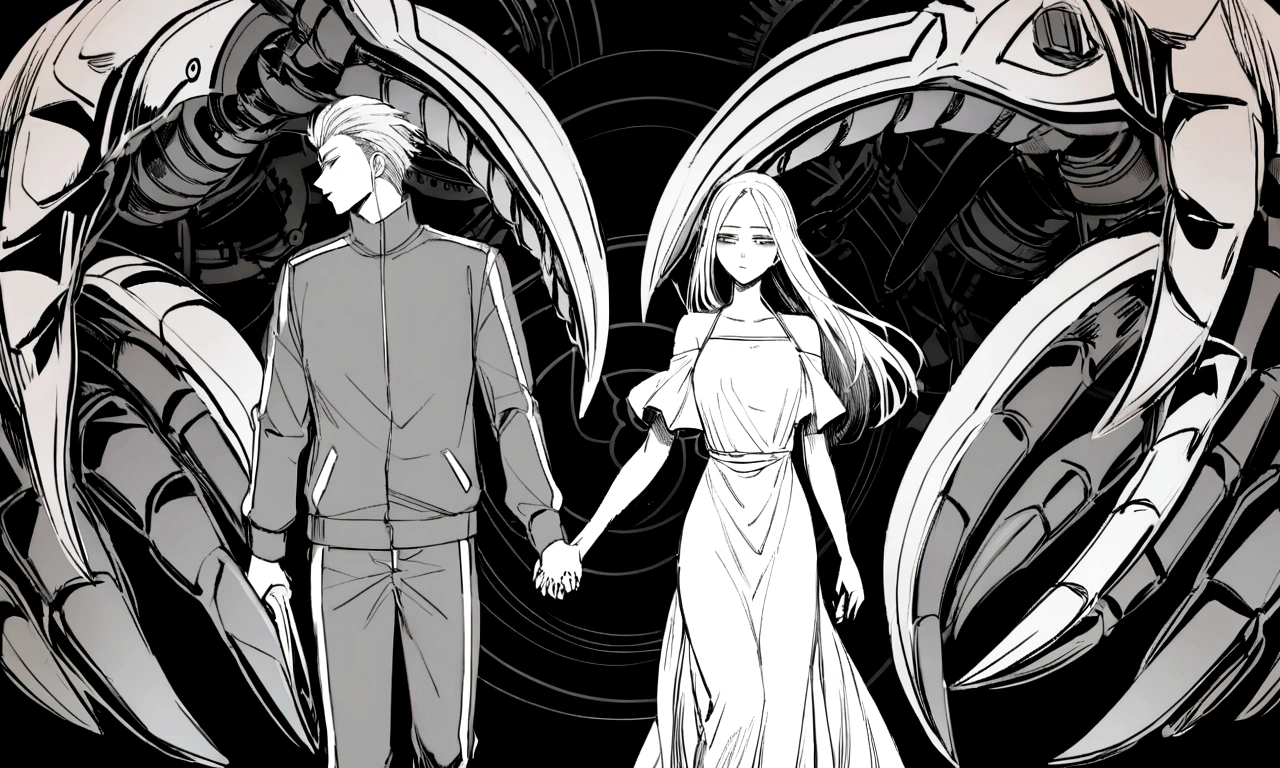 black and white drawing, Clockwork background with giant claws, 26-year-old male on the left 1, black neat hair, a lonely face, wearing gray tracksuit, Beautiful woman on the right 1, white long straight hair, white hair, wearing a white dress, walk affectionately, walk holding hands, A huge mechanical tong following the two people.