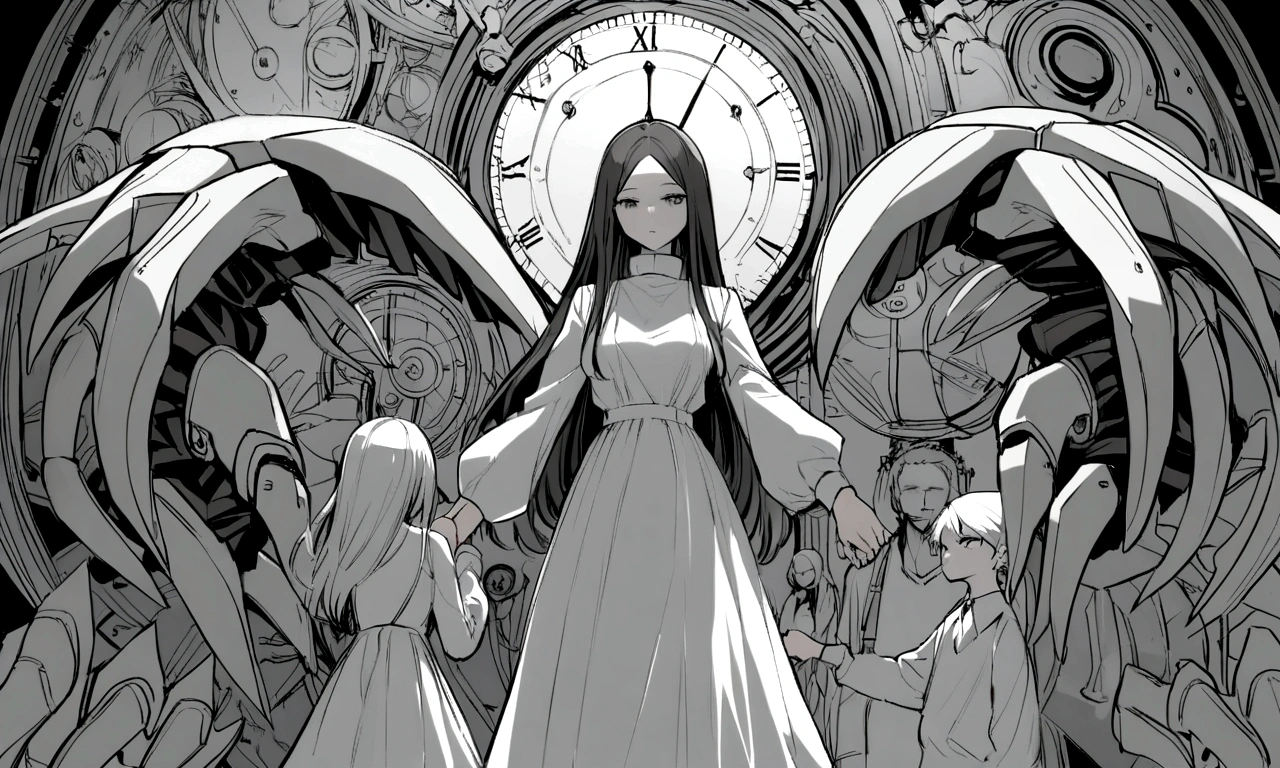 black and white drawing, Clockwork background with giant claws, 26-year-old male on the left 1, black neat hair, a lonely face, wearing gray tracksuit, Beautiful woman on the right 1, white long straight hair, white hair, wearing a white dress, walk affectionately, walk holding hands, A huge mechanical tong following the two people.