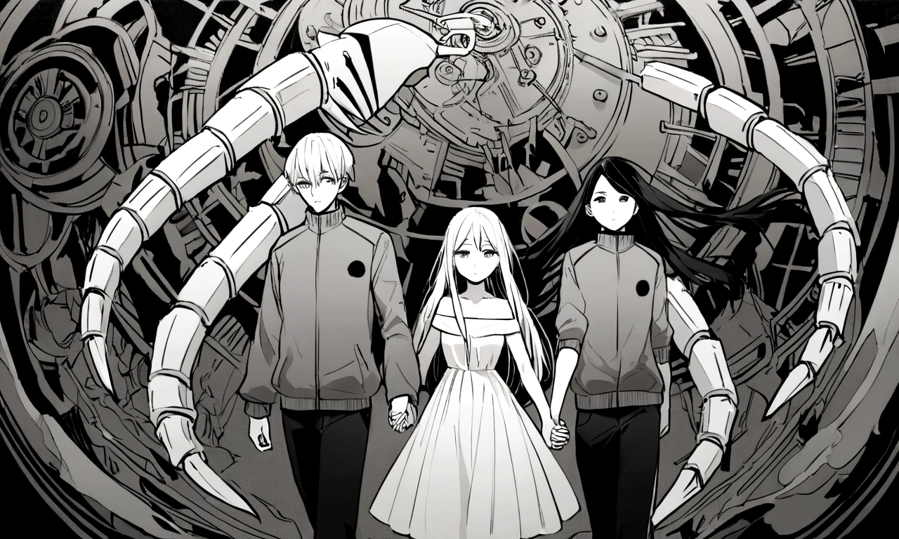 black and white drawing, Clockwork background with giant claws, 26-year-old male on the left 1, black neat hair, a lonely face, wearing gray tracksuit, Beautiful woman on the right 1, white long straight hair, white hair, wearing a white dress, walk affectionately, walk holding hands, A huge mechanical tong following the two people.