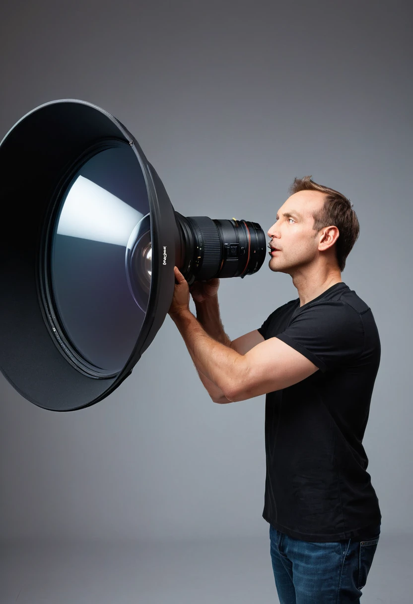 a man holding a giant sized DSLR camera lens. photography studio background with lights and softboxes and infinity wall. wearing black shirt. photo quality portrait looking to side. profile view. Ultra sharp 8k soft lighting studio lights Todder9xl