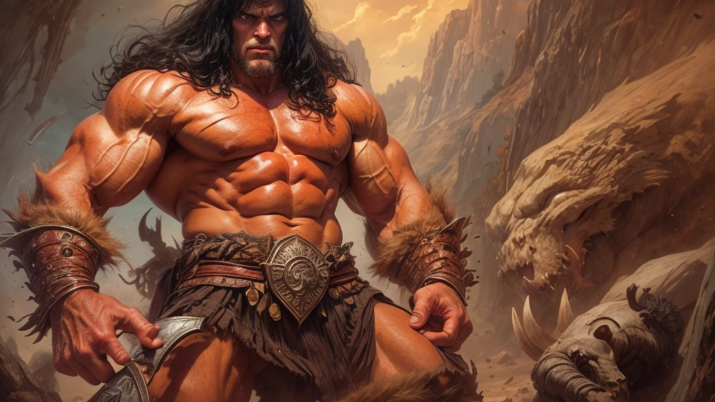 Extremely muscular man, chiseled features, washboard stomach, detailed hands, one thumb on each hand, four fingers on each hand, dark hair, detailed eyes, fierce expression, massive monster in the background, conan the barbarian, frank frazetta style painting, 