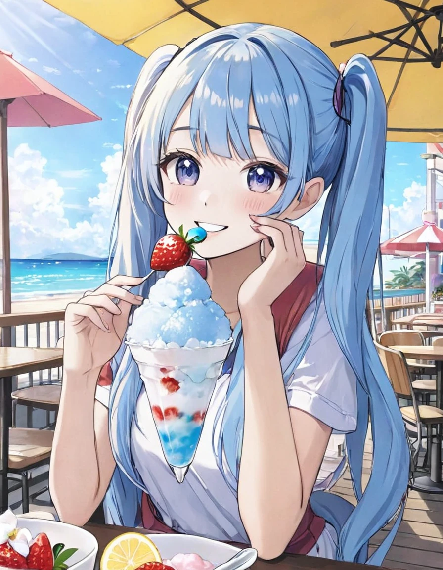 Seaside Cafe、Light blue long hair、Beautiful girl with twin tails、Eating strawberry shaved ice with relish、A cafe decorated with lots of orchid flowers、Beautiful girl with a bright smile