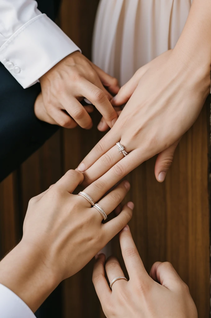 The hands of a boy and a girl. Let only the wedding ring on the ring finger appear on each person&#39;s hand.. And let the background be a gradient in fairly low pastel colors, rosado, purple, yellow and blue. That feeling that is like smoke. There will only be one wedding ring on each hand and these must stand out. Near the hands there will be a few small white and pink glitters, referring to the fact that the glitter or magic of love comes from their hands..  The hands will have their little fingers held together. It will be seen up to the elbows of the boy and the girl. The boy is wearing an elegant turquoise blue suit and the woman is wearing a simple but elegant pastel blue dress. 