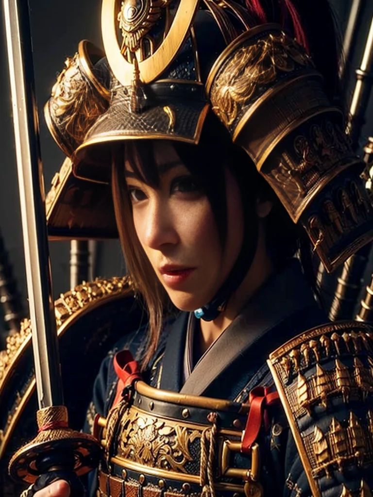 (best quality,4k,8k,highres,masterpiece:1.2), ultra-detailed, (realistic, photorealistic, photo-realistic:1.37), samurai armor, traditional Japanese sword, beautiful girl, kawaii, ponytail, super detailed, hyper-realistic texture, realistic, lifelike photography.