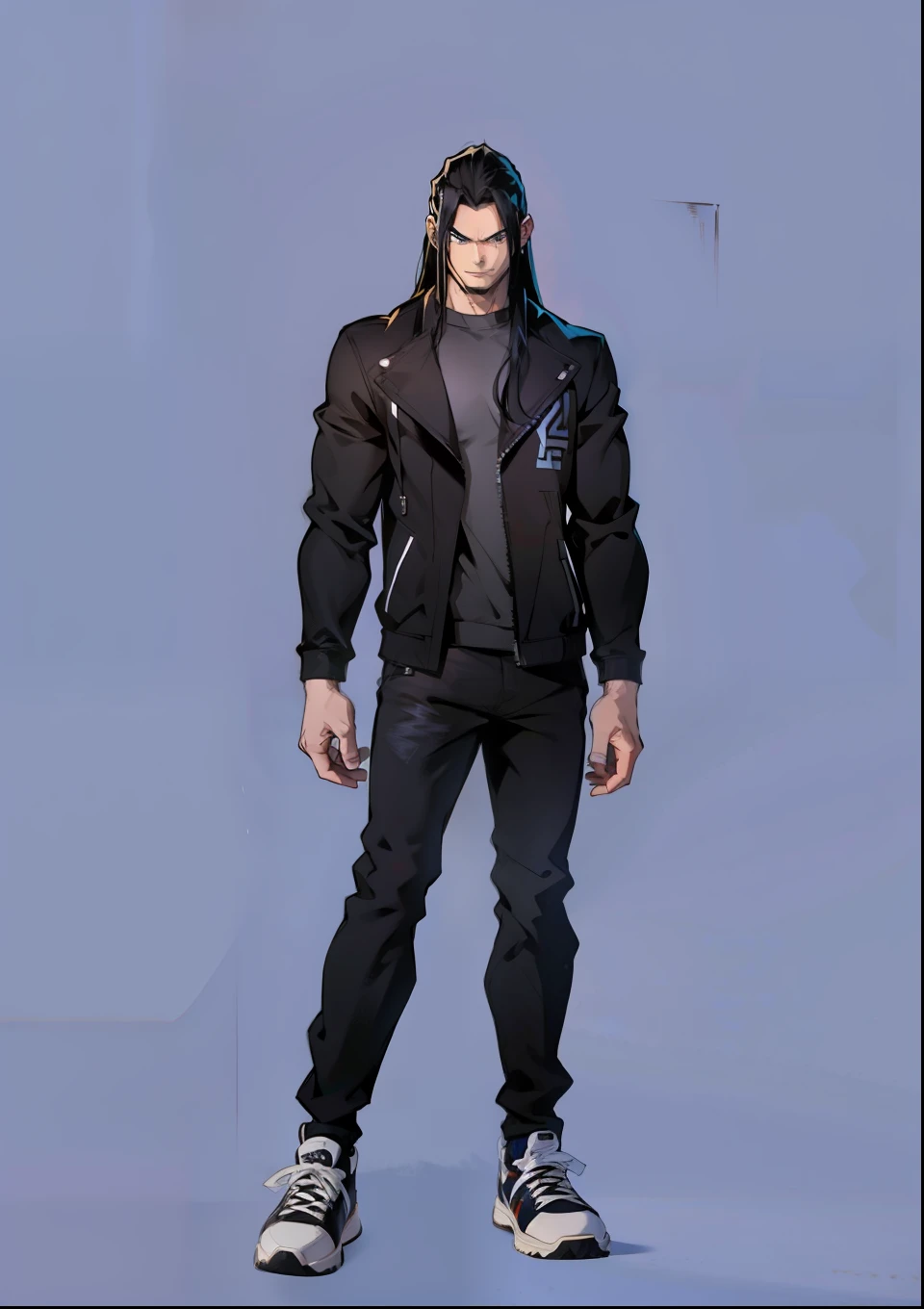 Generate an anime style art image of an adult man with long hair , Villain Posture ,wearing ALL star sneakers.