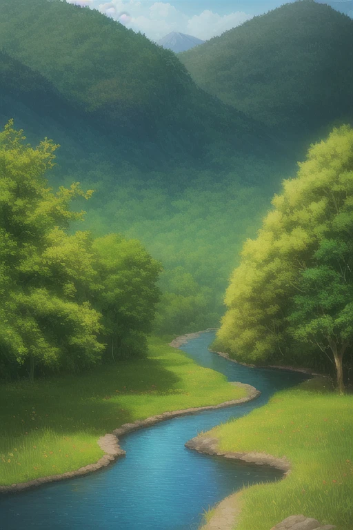 painting of a stream running through a lush green forest full of trees, detailed painting 4k, mountains river trees, anime landscape wallpaper, beautiful art uhd 4k, anime countryside landscape, detailed landscape —width 672, beautiful digital painting, Highly detailed 4k digital art, beautiful animated landscape, High quality 8K detailed art, anime nature wallpaper, anime nature 1 girl very big breasts