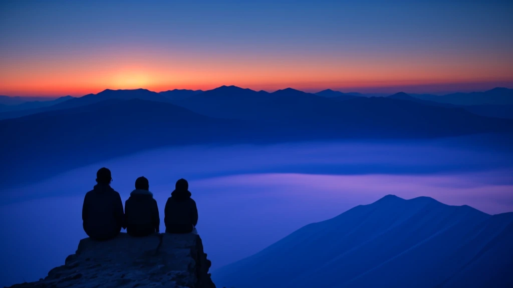 On a high mountain before dawn,There is a group of people waiting for the rising sun16:9