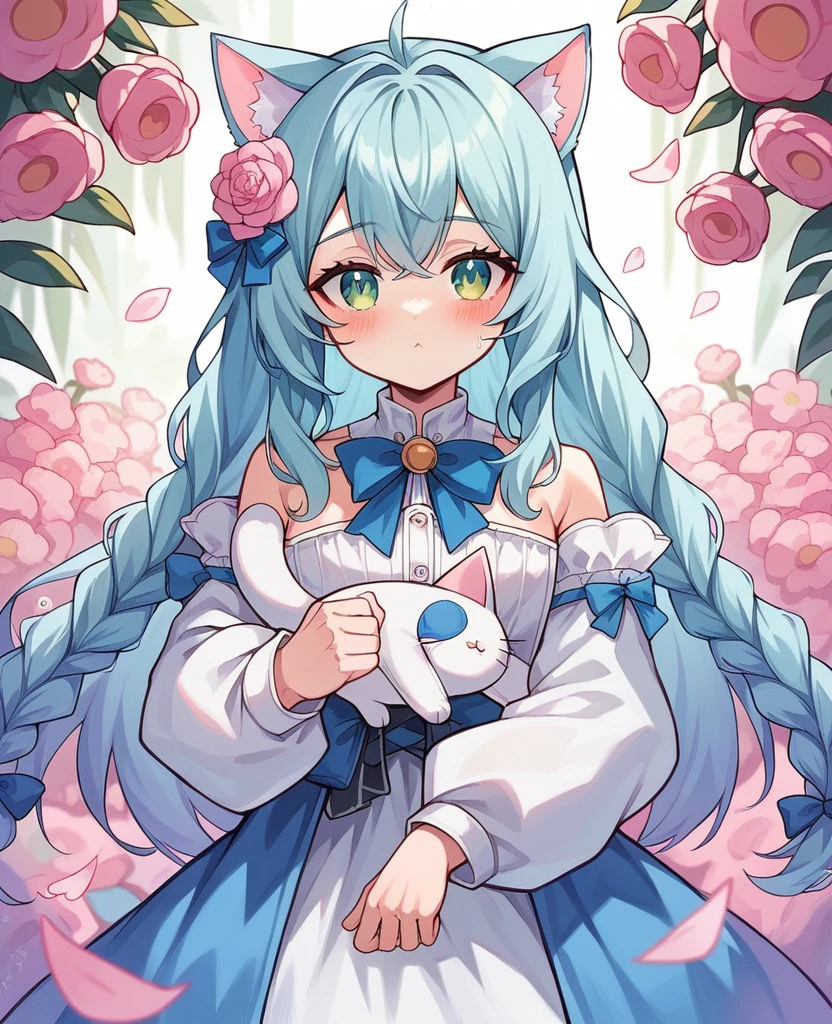 1 girl, Kale, animal ears, purples eyes, chestnut hair, wings, standing alone, long hair, blush, Cat's ears, flowers, gazing at viewer, braids, arcs, gowns, pink flowers, arcs, hair accessories, bangss, cats, hair flower, animal ear hair, containment, virtual youtuber, blue bow, containment animal, cat Woman, plush toy