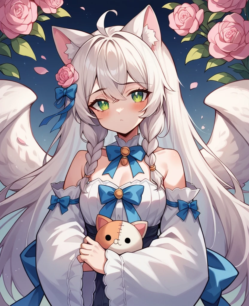 1 girl, Kale, animal ears, purples eyes, chestnut hair, wings, standing alone, long hair, blush, Cat's ears, flowers, gazing at viewer, braids, arcs, gowns, pink flowers, arcs, hair accessories, bangss, cats, hair flower, animal ear hair, containment, virtual youtuber, blue bow, containment animal, cat Woman, plush toy