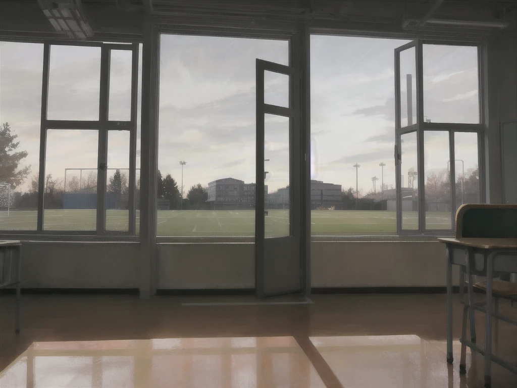 School, classroom, grey, light, windows, View from the window to the football field,