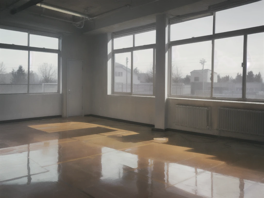 School, classroom, grey, light, windows, View from the window to the football field,