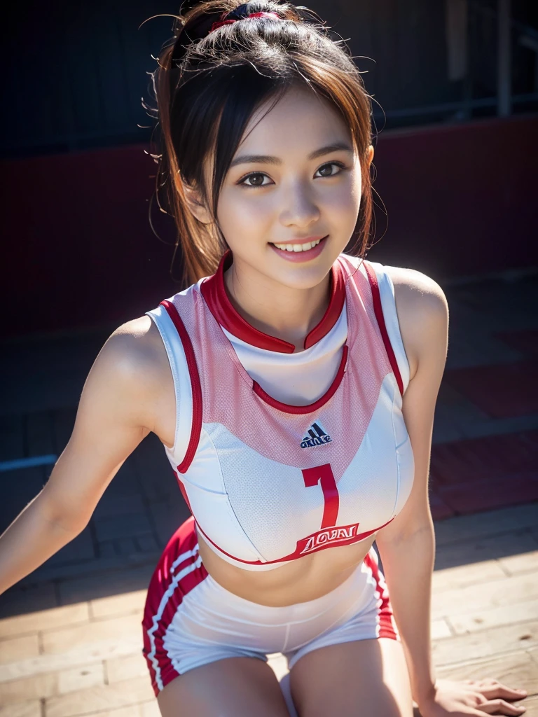 (A beautiful Korean volleyball player, age 23, wearing White Tight Sleeveless Lightweight Synthetic Jersey, Red Spandex Shorts, Ankle Braces and Knee Pads, pre-season friendly match, graceful expression, kind smile, dimpled chin, cute snaggle-tooth, ponytail, symmetrical face, beautiful detailed face, beautiful detailed eyes, perfect body proportions, ample round bosom, photorealistic, hyper-realism, high contrast, ultra HD, realistic skin textures, top image quality, top-quality, super high resolution, fine details, very meticulously, masterpiece, head to knees, High Angle Shot, Cool Atmosphere, bokeh background)