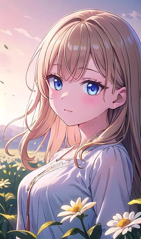 1 girl in a field of flowers, white flower, looking at the viewer, blue eyes, blonde hair, daisy, long hair, pure white dress, best quality, 4k, 8k, highres, masterpiece:1.2, ultra-detailed, realistic, photorealistic, photo-realistic:1.37, HDR, UHD, studio lighting, ultra-fine painting, sharp focus, physically-based rendering, extreme detail description, professional, vivid colors, bokeh, portrait, fantasy, cinematic lighting, natural lighting, soft focus, ethereal, serene, tranquil, dreamy