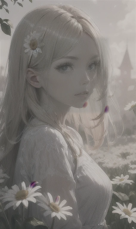 1 girl in a field of flowers, white flower, looking at the viewer, blue eyes, blonde hair, daisy, long hair, pure white dress, best quality, 4k, 8k, highres, masterpiece:1.2, ultra-detailed, realistic, photorealistic, photo-realistic:1.37, HDR, UHD, studio lighting, ultra-fine painting, sharp focus, physically-based rendering, extreme detail description, professional, vivid colors, bokeh, portrait, fantasy, cinematic lighting, natural lighting, soft focus, ethereal, serene, tranquil, dreamy