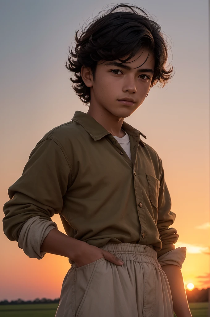 In the photo, we would see a young 17 year old farmer, called Alonso, in an open field at dusk. He is standing, with a confident posture and a determined look on his face. Alonso has curly black hair, Her clothes are simple and rustic, typical of a peasant, but he uses them with a certain air of improvised nobility.

Ao fundo, we can see a distant windmill, giving a subtle touch to the Don Quixote reference. The sky is dyed in warm orange and pink tones from the sunset, creating a serene and bucolic environment around the young farmer.