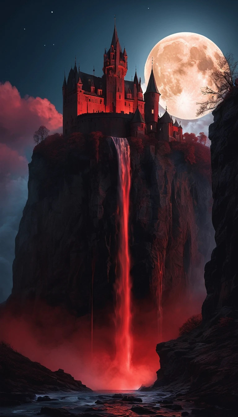 waterfall of (blood) cascading down a gothic castle on a cliff at night, moon, clouds, low angle shot, digital illustration, detailed, high resolution, high quality, 8k, high saturation, (style of Zdzislaw Beksinski)