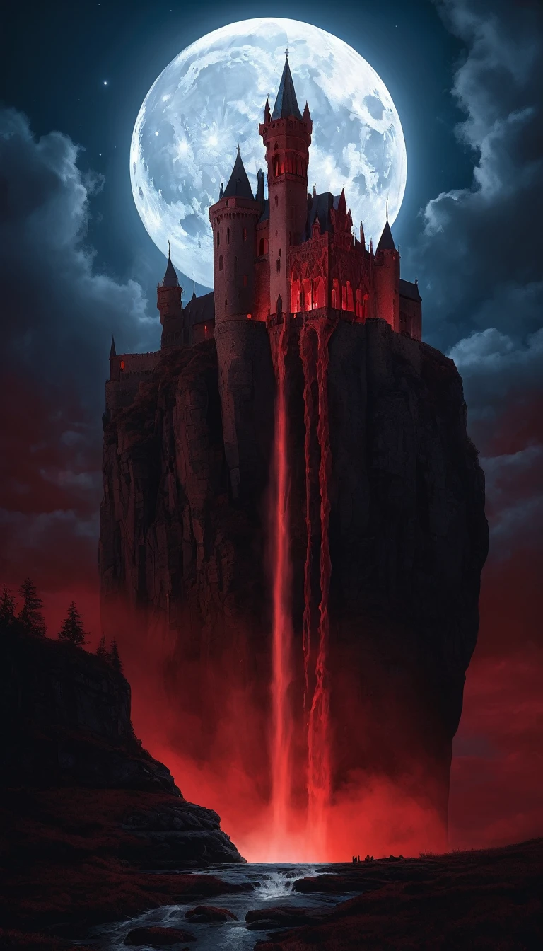 waterfall of (blood) cascading down a gothic castle on a cliff at night, moon, clouds, low angle shot, digital illustration, detailed, high resolution, high quality, 8k, high saturation, (style of Zdzislaw Beksinski)