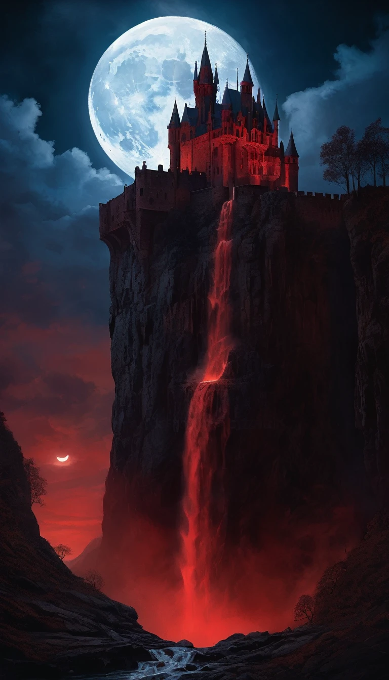 waterfall of (blood) cascading down a gothic castle on a cliff at night, moon, clouds, low angle shot, digital illustration, detailed, high resolution, high quality, 8k, high saturation, (style of Zdzislaw Beksinski)