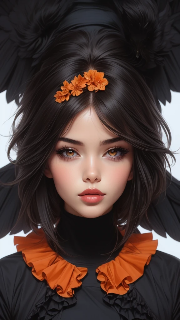 Anime girl, Vibrant Colors, Master Piece, (Best Quality: 1.3), 8k Quality, (absurdres absolutely resolution),texture,(Extremely Detailed Illustration), (Super Fine Illustration), an Extremely Delicate and Beautiful, Ultra High Resolution, Fantasy, (super detailed), official art, production art, HDR, cute face, kawaii, (((1 girl))), (large crow wings on back:1.4), (blow kiss:1.4), light blue hair, long hair, small face, orange eyes, large breasts, hair with orange flower, (orange and black clothes, two tone one piece of frill:1.4),