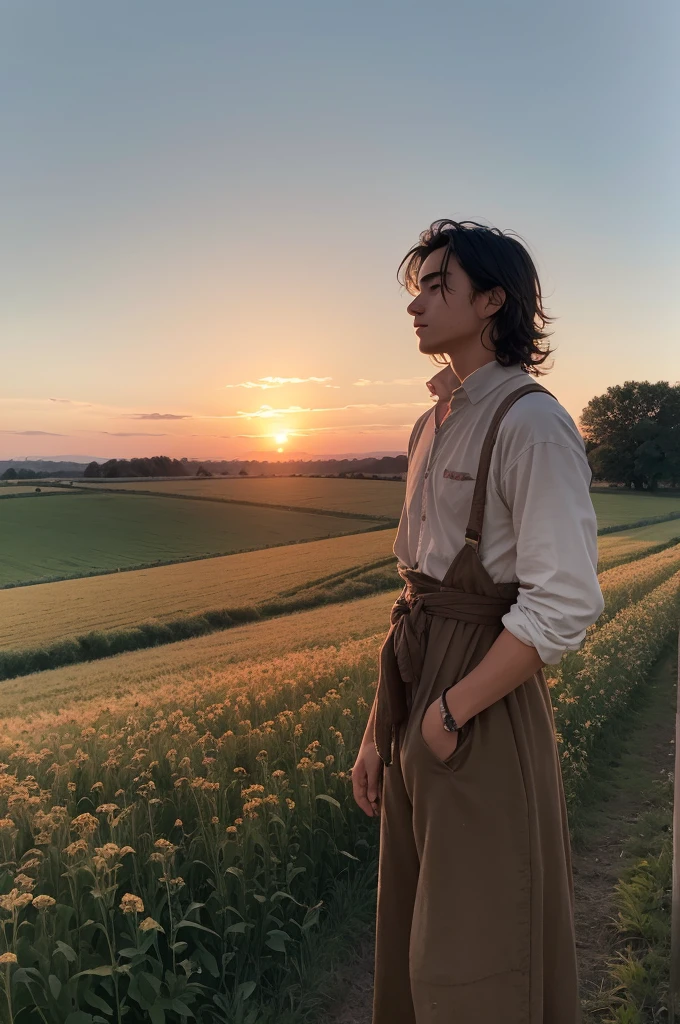 In the photo, we would see a young 17 year old farmer, called Alonso, in an open field at dusk. He is standing, with a confident posture and a determined look on his face. Alonso has curly black hair, Her clothes are simple and rustic, typical of a peasant, but he uses them with a certain air of improvised nobility.
Ao fundo, we can see a distant windmill, giving a subtle touch to the Don Quixote reference. The sky is dyed in warm orange and pink tones from the sunset, creating a serene and bucolic environment around the young farmer.