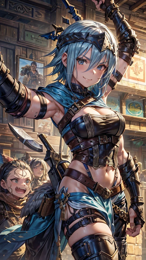 (1 mature muscular female bandit,Thief Costume,Arm guard,Leg guards,Head ornament,Age 35), ((Pub,guild)),(smile),Dynamic pose,Dynamic Angle,belly button,Pose for a photo,From below,Elderly woman、Woman with big sword