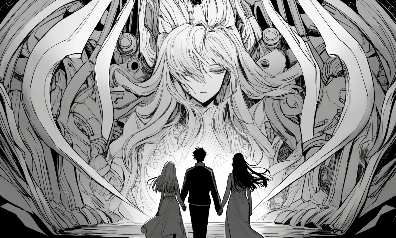 black and white drawing, Clockwork background with giant claws, 26-year-old male on the left 1, black neat hair, a lonely face, wearing gray tracksuit, Beautiful woman on the right 1, white long straight hair, white hair, wearing a white dress, walk affectionately, walk holding hands, A huge mechanical tong following the two people.