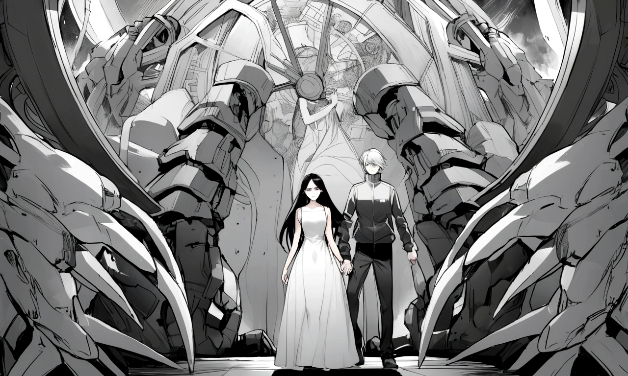 black and white drawing, Clockwork background with giant claws, 26-year-old male on the left 1, black neat hair, a lonely face, wearing gray tracksuit, Beautiful woman on the right 1, white long straight hair, white hair, wearing a white dress, walk affectionately, walk holding hands, A huge mechanical tong following the two people.