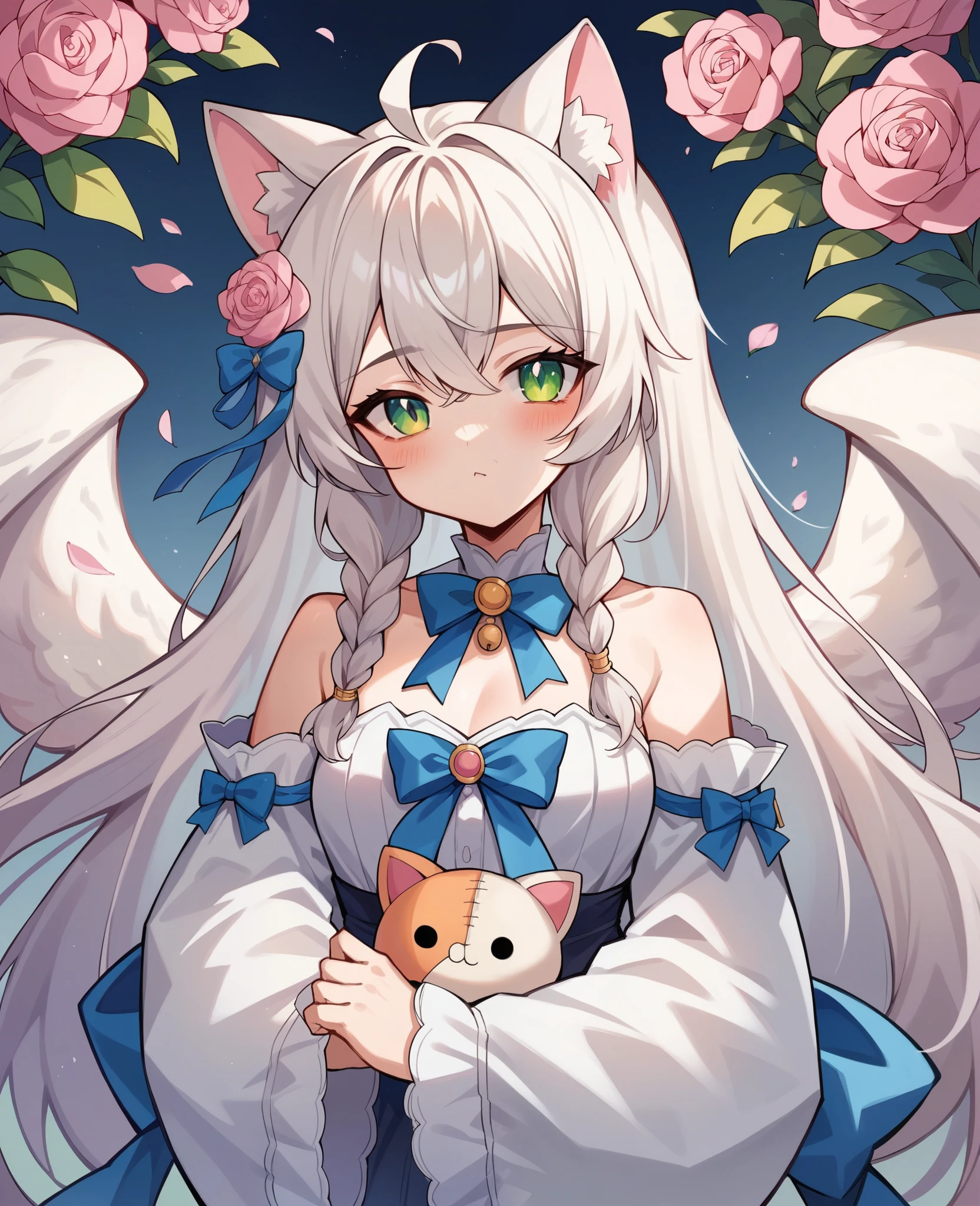 1 girl, Kale, animal ears, purples eyes, chestnut hair, wings, standing alone, long hair, blush, Cat's ears, flowers, gazing at viewer, braids, arcs, gowns, pink flowers, arcs, hair accessories, bangss, cats, hair flower, animal ear hair, containment, virtual youtuber, blue bow, containment animal, cat Woman, plush toy