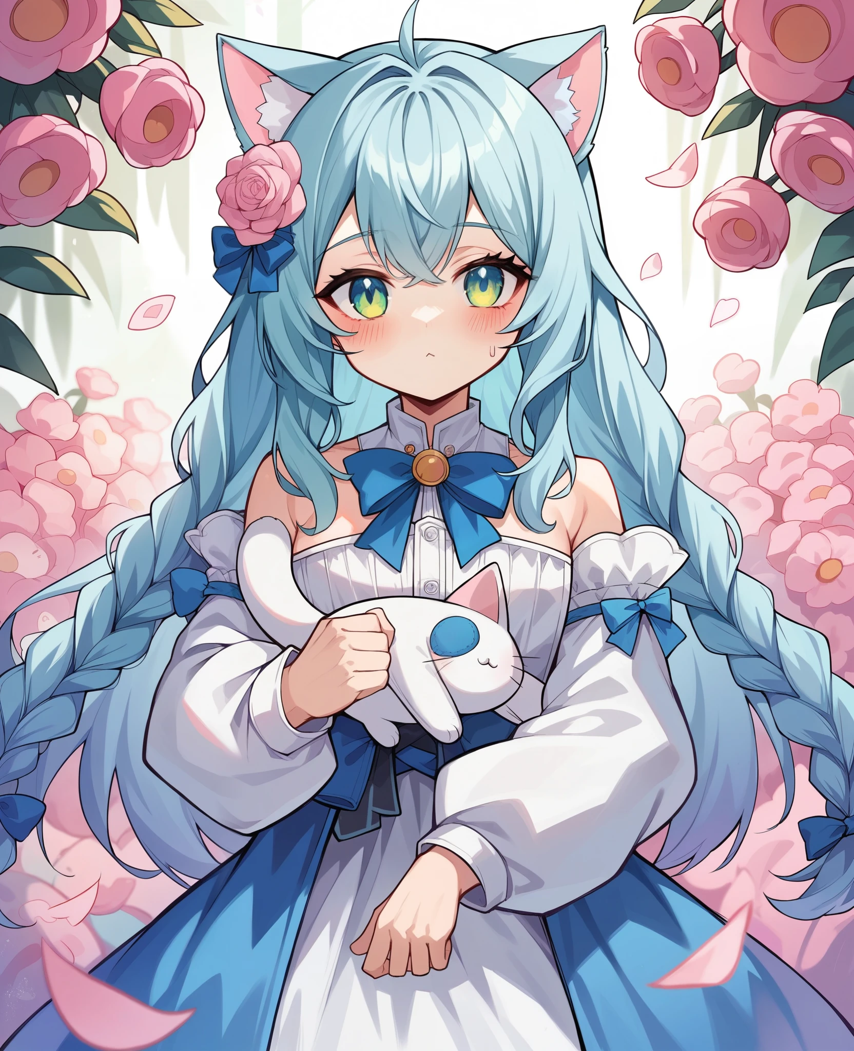 1 girl, Kale, animal ears, purples eyes, chestnut hair, wings, standing alone, long hair, blush, Cat's ears, flowers, gazing at viewer, braids, arcs, gowns, pink flowers, arcs, hair accessories, bangss, cats, hair flower, animal ear hair, containment, virtual youtuber, blue bow, containment animal, cat Woman, plush toy