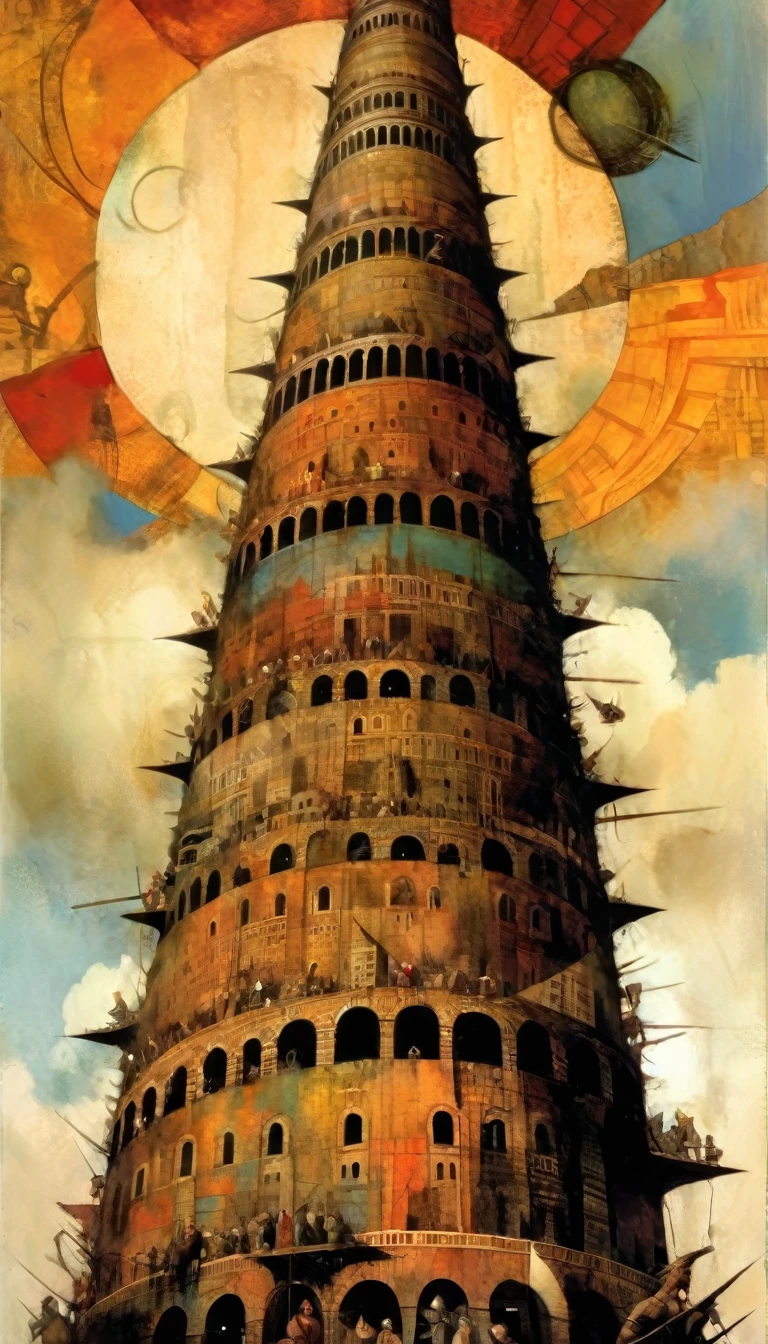 Tower of Babel, art inspired in Dave mcKean, oil painted
