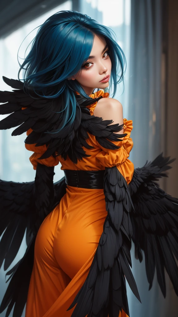 girl, Vibrant Colors, Master Piece, (Best Quality: 1.3), 8k Quality, (absurdres absolutely resolution),texture,(Extremely Detailed Illustration), (Super Fine Illustration), an Extremely Delicate and Beautiful, Ultra High Resolution, Fantasy, (super detailed), official art, production art, HDR, cute face, kawaii, (((1 girl))), (large crow wings on back:1.4), (blow kiss:1.4), light blue hair, long hair, small face, orange eyes, large breasts, hair with orange flower, (orange and black clothes, two tone one piece of frill:1.4), 