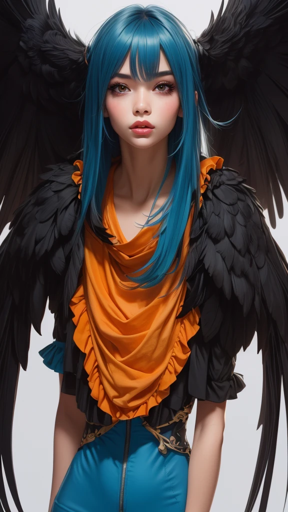 Anime girl, Vibrant Colors, Master Piece, (Best Quality: 1.3), 8k Quality, (absurdres absolutely resolution),texture,(Extremely Detailed Illustration), (Super Fine Illustration), an Extremely Delicate and Beautiful, Ultra High Resolution, Fantasy, (super detailed), official art, production art, HDR, cute face, kawaii, (((1 girl))), (large crow wings on back:1.4), (blow kiss:1.4), light blue hair, long hair, small face, orange eyes, large breasts, hair with orange flower, (orange and black clothes, two tone one piece of frill:1.4),