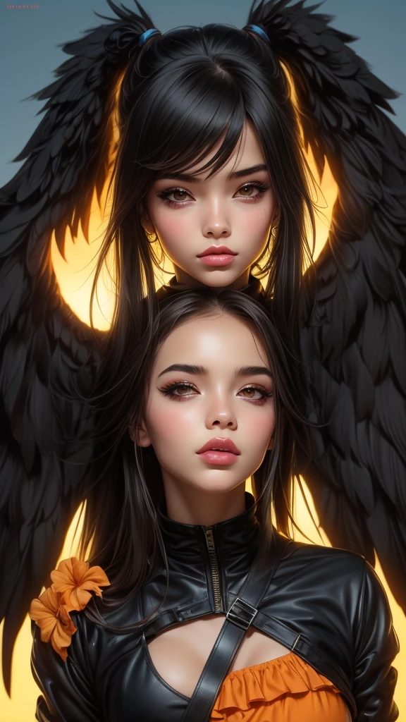 Anime girl, Vibrant Colors, Master Piece, (Best Quality: 1.3), 8k Quality, (absurdres absolutely resolution),texture,(Extremely Detailed Illustration), (Super Fine Illustration), an Extremely Delicate and Beautiful, Ultra High Resolution, Fantasy, (super detailed), official art, production art, HDR, cute face, kawaii, (((1 girl))), (large crow wings on back:1.4), (blow kiss:1.4), light blue hair, long hair, small face, orange eyes, large breasts, hair with orange flower, (orange and black clothes, two tone one piece of frill:1.4), 